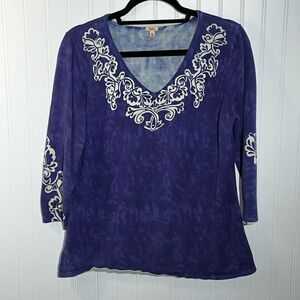 Reba Floral Embellished Top Women’sLarge Purple/Cream Silver 3/4 Sleeves V-Neck